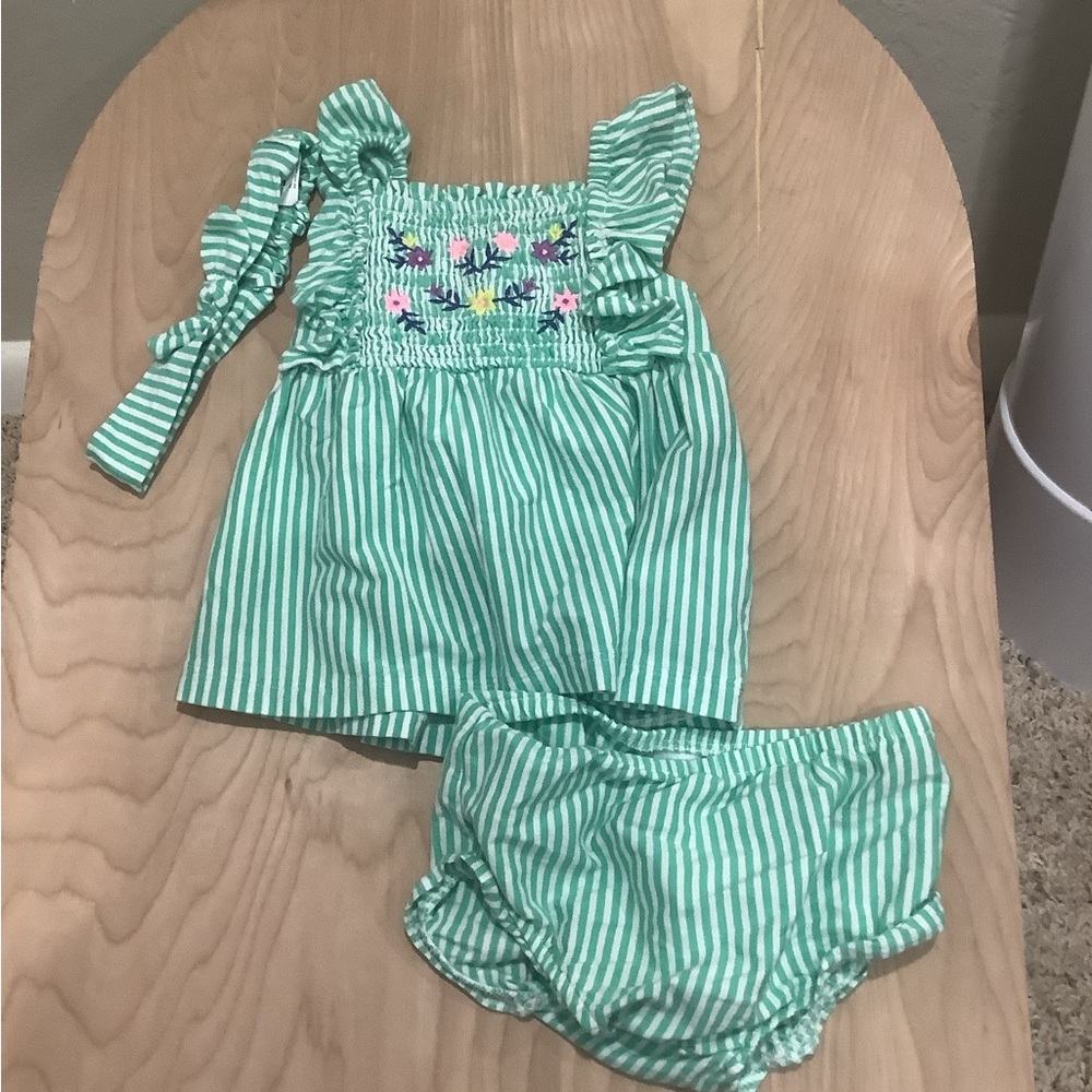 Green Striped Baby Outfit with Floral Embroidery